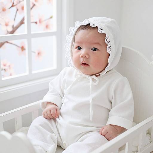 Photograph of a chubby, fair-skinned baby with round cheeks, wearing a white lace-trimmed hooded onesie, sitting in a white