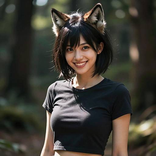 Photograph of an Asian woman with short black hair and cat ears, smiling in a forest. She wears a black crop top, with sunlight filtering through