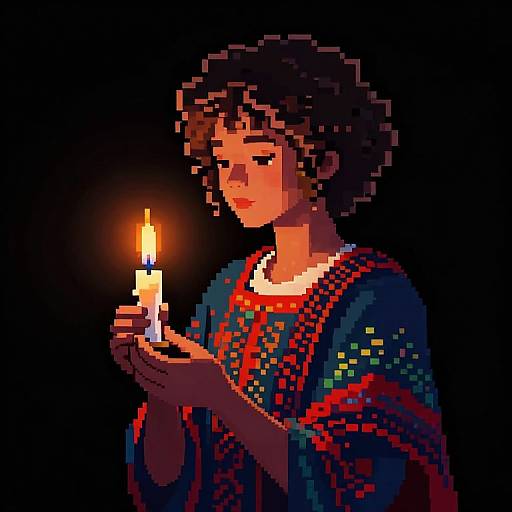 Pixel art of a young person with curly hair, holding a lit candle, wearing a colorful, patterned robe, against a black background.