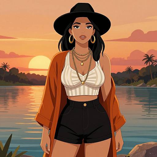Digital illustration of a confident Black woman with dark skin, wearing a black hat, white crop top, orange cardigan, black shorts, gold jewelry,