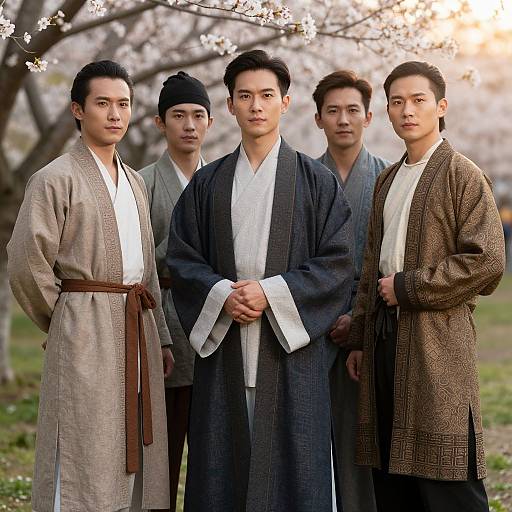 Photograph of five Asian men in traditional Japanese kimonos, standing outdoors in a cherry blossom garden with sunlight filtering through.