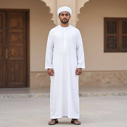 Photograph of a bearded Middle Eastern man in white traditional thobe and cap, standing in front of a beige building with wooden doors and lattice windows