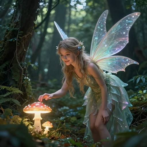 Photograph of a fairytale fairy with glowing wings, blonde hair, green dress, touching glowing mushrooms in a mystical forest.
