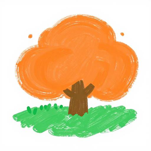 Childlike digital drawing of a bright orange, fluffy tree with a brown trunk, set on green grass, with simple, bold colors.