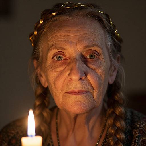 Close-up photograph of an elderly woman with braided hair, golden crown, and lit candle casting warm light on her wrinkled face.