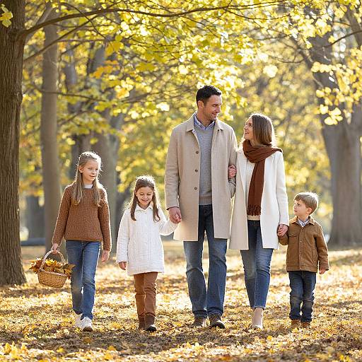 Photograph of a smiling family with two parents and two children walking through a sunlit autumn park, holding hands, with golden leaves on the ground.