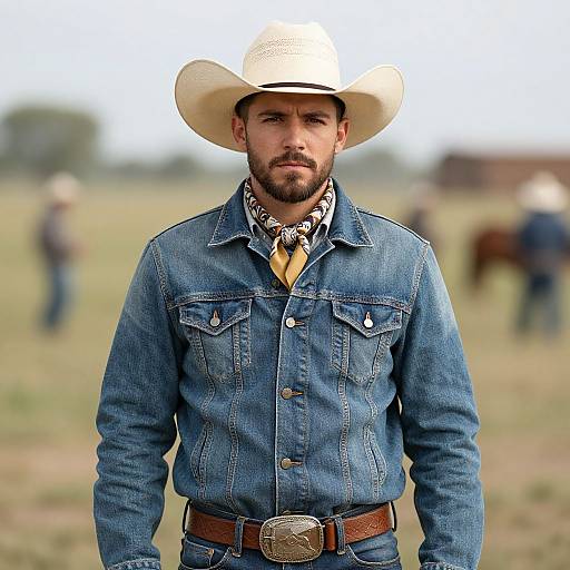 Photograph of a bearded man in a white cowboy hat, blue denim shirt, and brown belt, standing in a blurred rural field.