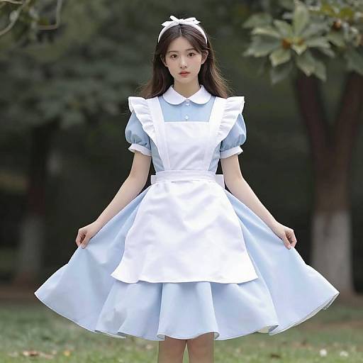 Photograph of an East Asian woman with long black hair, wearing a white Alice in Wonderland-style dress with blue puffed sleeves, standing in a green