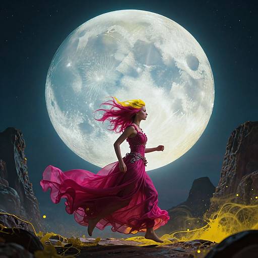 Digital art: Silhouetted woman with flowing pink dress and yellow hair runs under a glowing full moon, surrounded by rocky landscape and yellow grass.