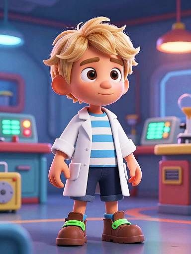 CGI cartoon of a blonde boy with large eyes, wearing a white lab coat, blue and white striped shirt, blue shorts, green-striped brown shoes