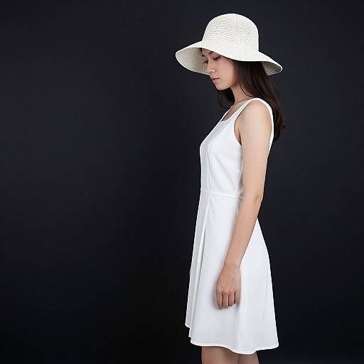 Photograph of an Asian woman in a white sleeveless dress and white wide-brimmed hat, standing side-profile against a black background.
