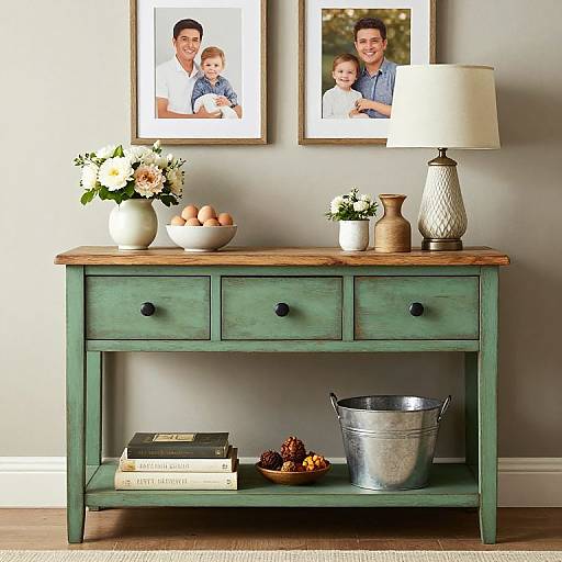 Photograph of a green wooden console table with floral vase, bowl of eggs, lamp, framed family photos, books, pinecones, and metal