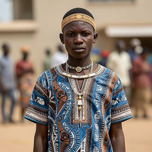 Photograph of a young African man with dark skin, wearing a blue patterned shirt, gold headband, and necklace, standing outdoors with blurred background