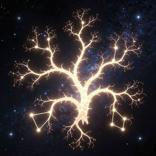 Photorealistic digital artwork of a glowing, starburst-like network of bright, white, branching light against a dark, star-filled cosmic background.