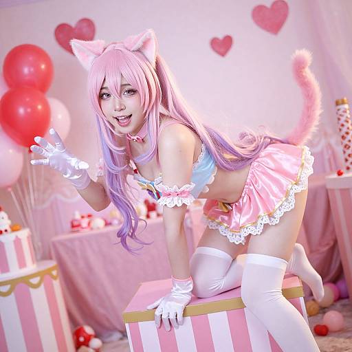 Digital anime-style image of a pink-haired catgirl in a frilly pink and white outfit, on all fours, with cat ears and tail, in