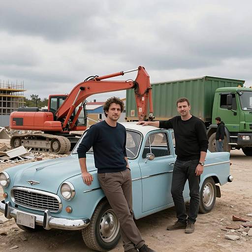 Men and Vintage Car at Construction Site