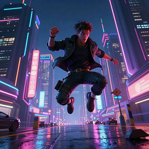 Cyberpunk cityscape at night: A spiky-haired man in a black jacket and pants jumps energetically, neon lights illuminating the wet