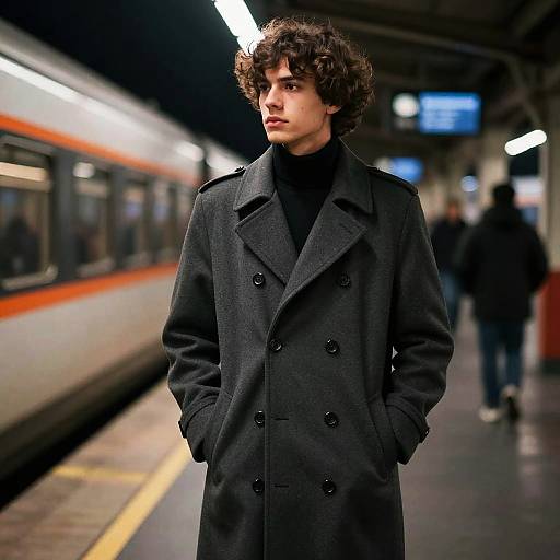 Photograph of a young man with curly brown hair, wearing a black double-breasted coat, standing on a dimly lit subway platform with a blurred