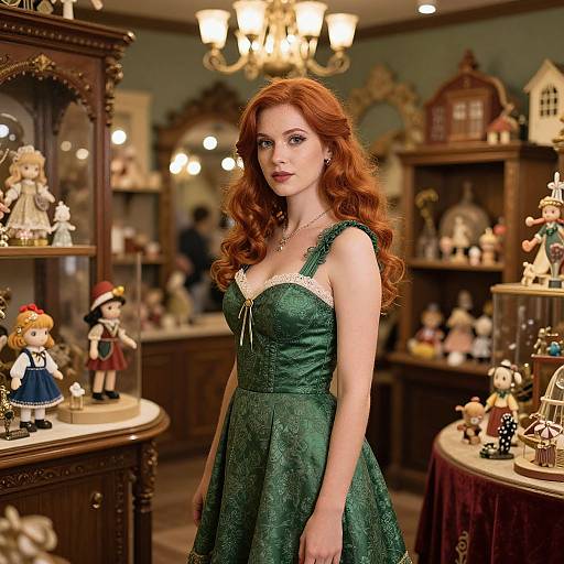 Photograph of a fair-skinned, red-haired woman in a green, lace-trimmed dress, standing in a vintage shop filled with doll displays