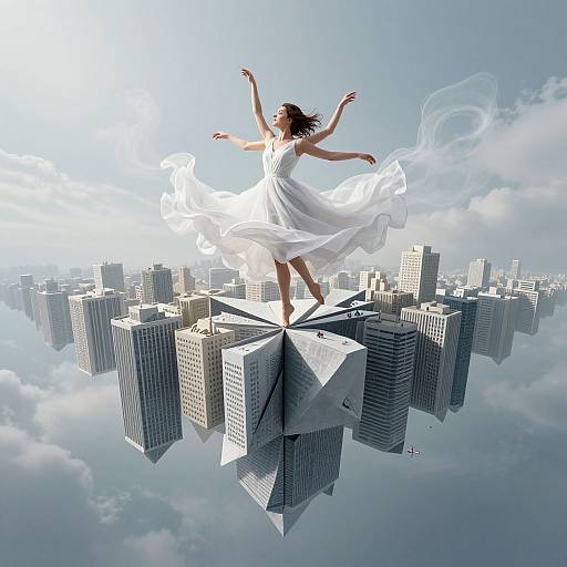 Digital art of a woman in a flowing white dress, arms outstretched, floating above a floating cityscape of geometric skyscrapers, surrounded by