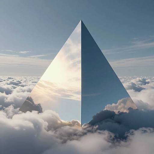Photograph of a transparent, reflective triangle centered in a sky filled with fluffy clouds and a bright sun, dividing the sky into light and dark blue sections