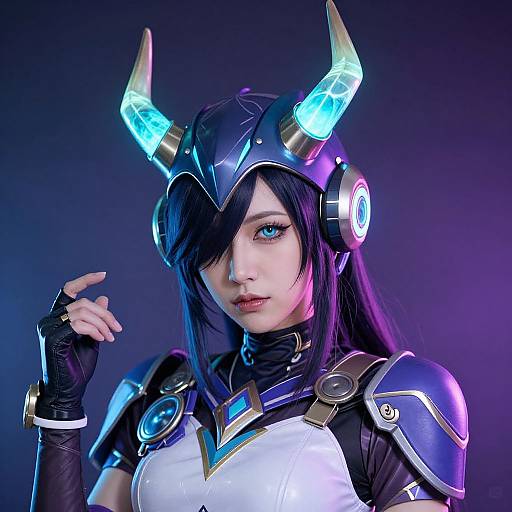 Digital artwork of a female cosplayer with glowing blue horned helmet, black hair, blue and white armored suit, and black gloves, against a dark