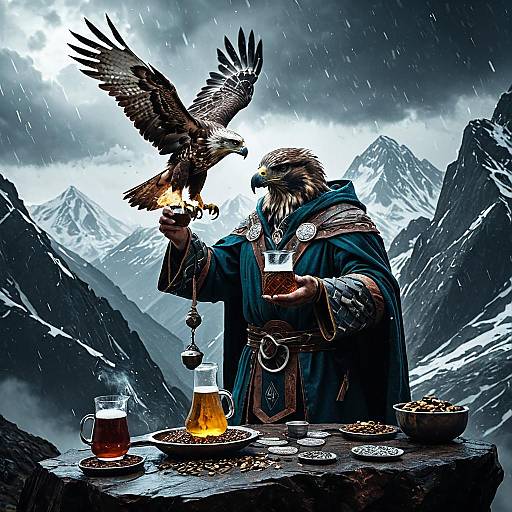 Anthropomorphic Hawk Diviner Brewing Potion in Mountain Storm