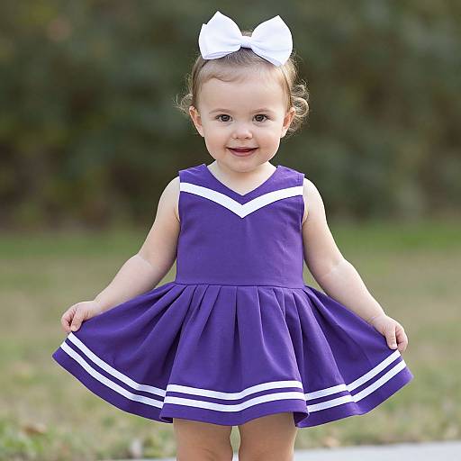Photograph of a smiling toddler girl with light skin and brown hair, wearing a purple cheerleader dress with white stripes, and a large white bow in