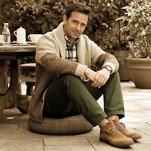 Photograph of a smiling middle-aged man with short dark hair, wearing a textured beige cardigan, plaid shirt, green pants, and brown shoes