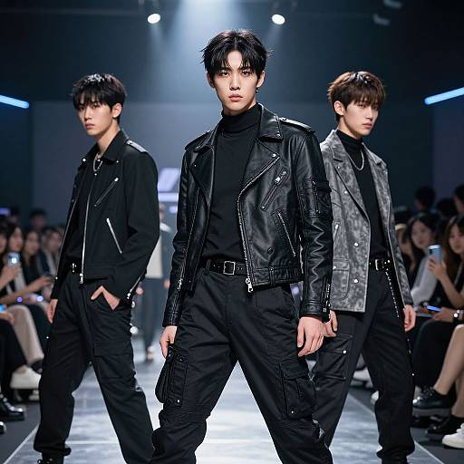 Photograph of three Asian male models on a runway, wearing black and gray leather jackets, black shirts, and pants, under bright lights.