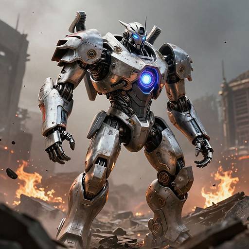 Photorealistic CGI of a towering, silver, robotic warrior with a glowing blue chest light, standing amidst a war-torn, burning cityscape.