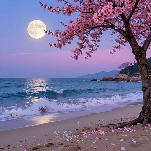 Photograph of a serene beach at sunset, with a full moon, pink cherry blossoms, gentle waves, and sparkling sand.