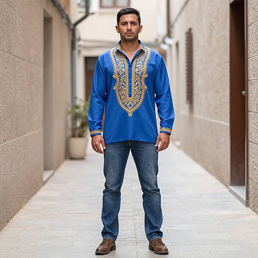 Photograph of a serious, dark-haired man in a blue, embroidered traditional shirt, blue jeans, and brown shoes, standing in a narrow, urban