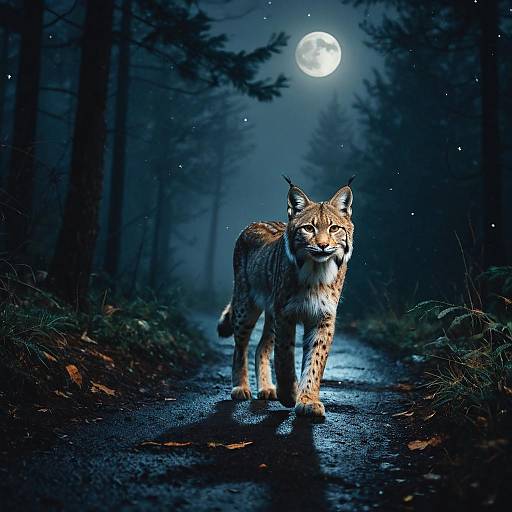 Lynx Walking at Night in Forest