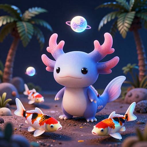 Neon Axolotl at Bioluminescent Tropical Atoll