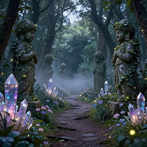 Fantasy forest pathway illuminated by glowing crystals, flanked by moss-covered stone statues, surrounded by colorful flowers and soft fairy lights.