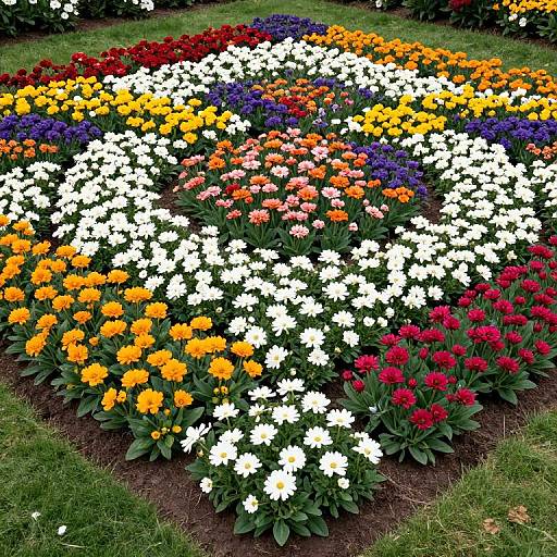 Vibrant circular flower bed with white, yellow, orange, red, and purple flowers arranged in concentric rings, surrounded by green grass. Phot