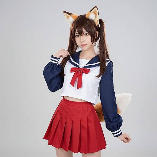Anime-style photograph of a young woman with fox ears, wearing a navy and white sailor top, red skirt, and red bow, against a white background