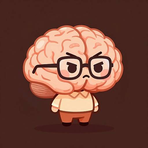 Cartoon brain character with large glasses, pouting expression, wearing beige shirt and red pants, against dark background. Digital art.