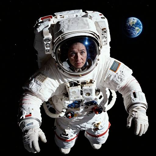 Photograph: Astronaut in white space suit with reflective helmet, American flag, floating in space, Earth visible in the background. Black void. Real