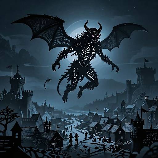 Silhouetted dragon with skeletal features soaring over a blue-tinted medieval village under a full moon, surrounded by dark, gothic-style cast