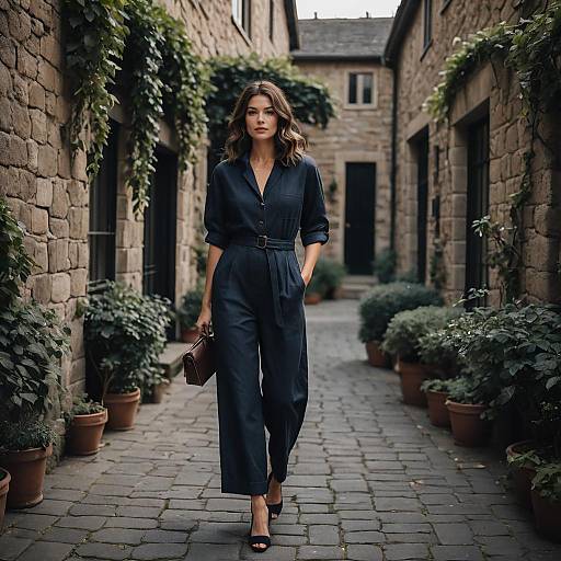 Woman Walking in Navy Blue Jumpsuit on Vintage Stone Street