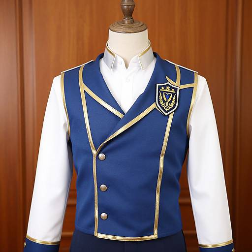 Photograph of a blue and white school uniform on a mannequin, featuring gold trim, three buttons, and an emblem on the left chest,