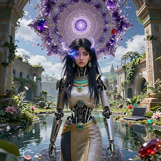 Digital artwork of a cybernetic woman with long black hair, glowing blue eye, ornate jewelry, and a purple, star-filled mandala above