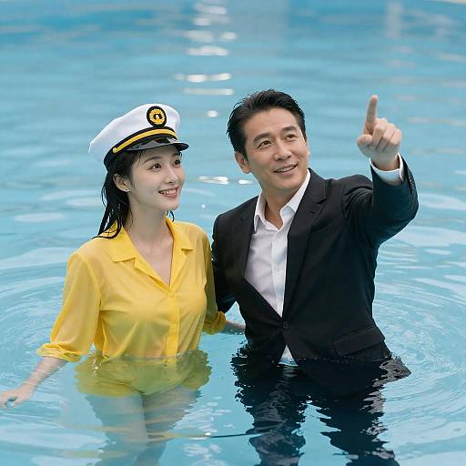 Man and Woman in Pool with Sailor Hat