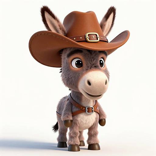 CGI cartoon donkey with gray fur, brown cowboy hat, and leather collar, standing against white background, large expressive eyes, cute.