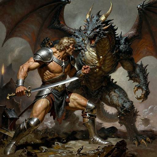 Muscular warrior with armor and sword battles fierce, dark blue dragon with wings and horns in a smoky, medieval battlefield.