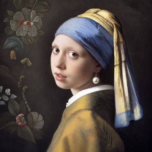Photorealistic digital artwork of a young woman with pale skin, blue and yellow headscarf, pearl earring, floral background, classic Dutch portrait