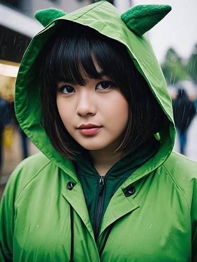 Young Woman in Green Hooded Raincoat with Cat Ears