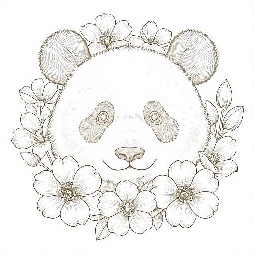 Black-and-white line drawing of a panda's face surrounded by blooming flowers, with detailed eyes and a gentle expression.